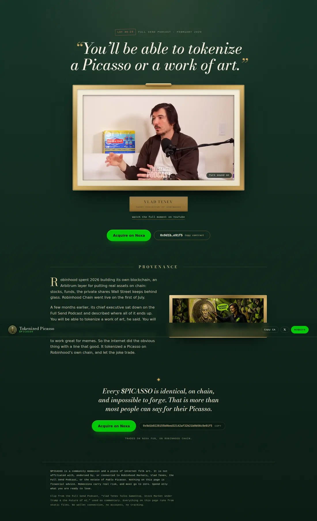 The Tokenized Picasso website, full page